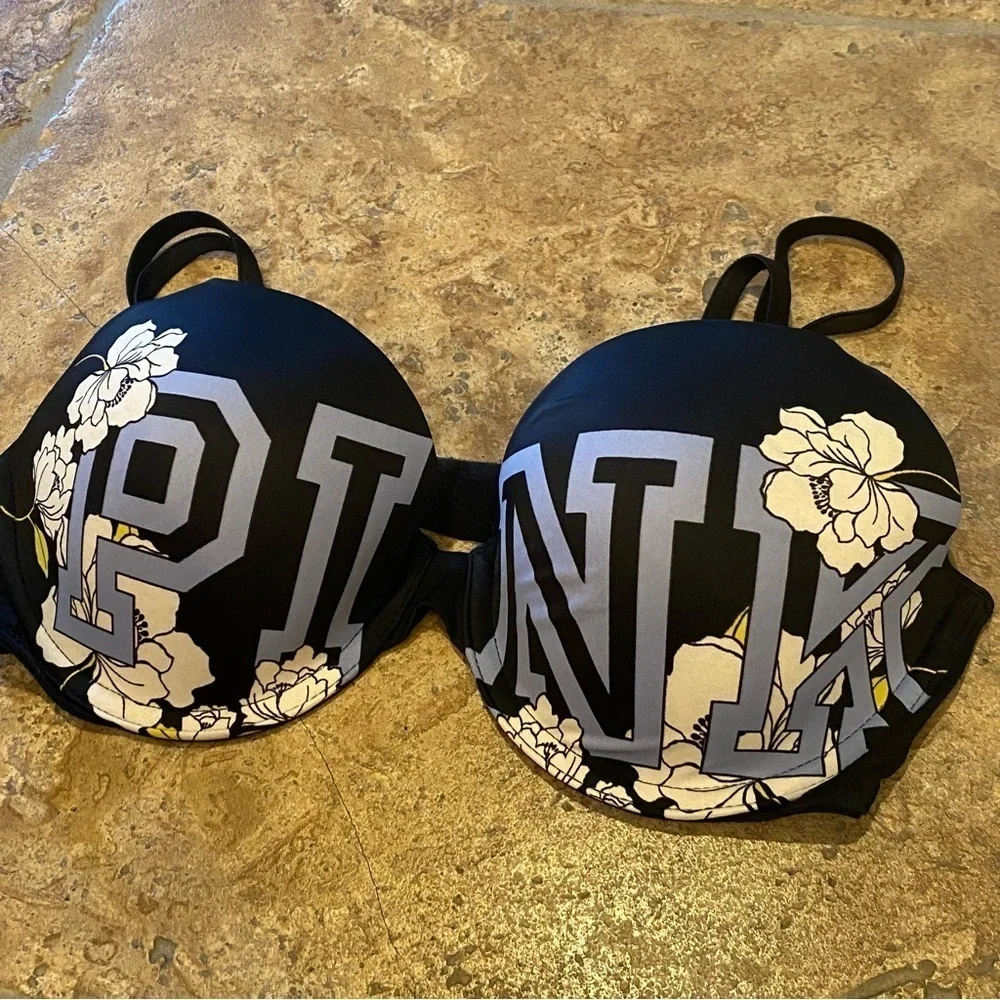 NWT~VICTORIA’S SECRET Pink Spell Out Floral Lightly Padded Bra Size 34C